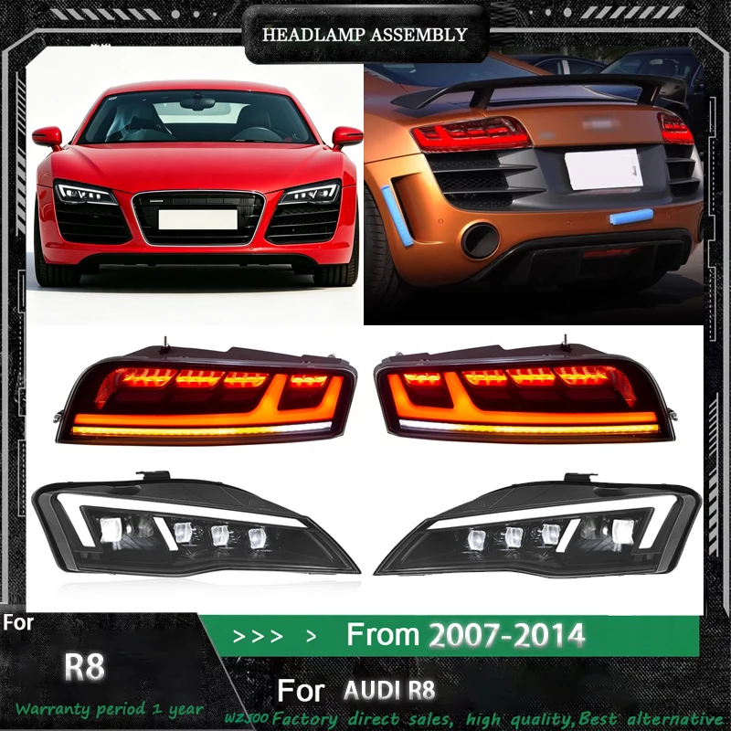 Headlight +Taillamp Assembly For 2007‑2014 Audi R8, Upgrade New Style Dynamic LED DRL Sequential Turn Signal Projector Head Lamp