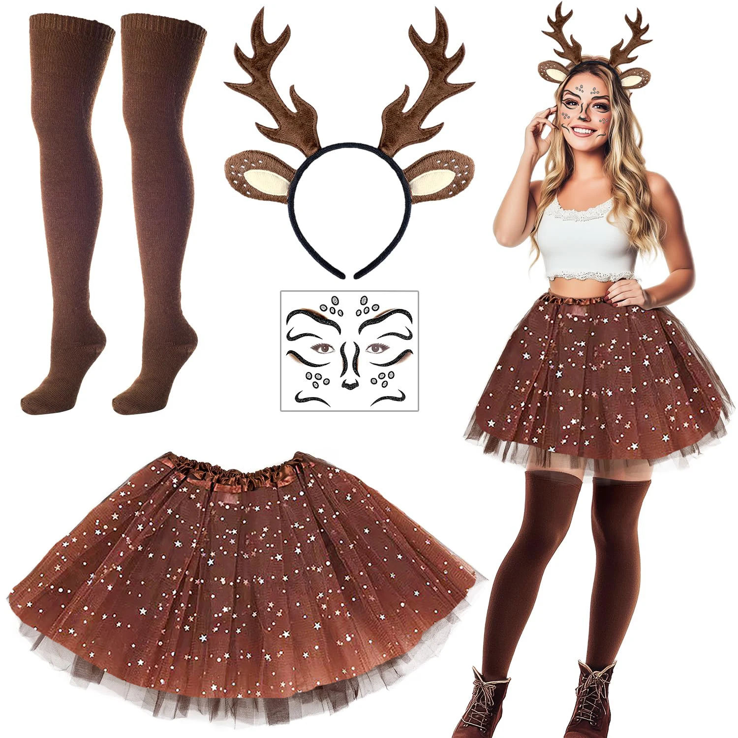 

Carnival Cosplay Deer Costume Women Antlers Headband With Reindeer Ears Skirt Socks Deer Face Tattoo Deer Costume Accessory