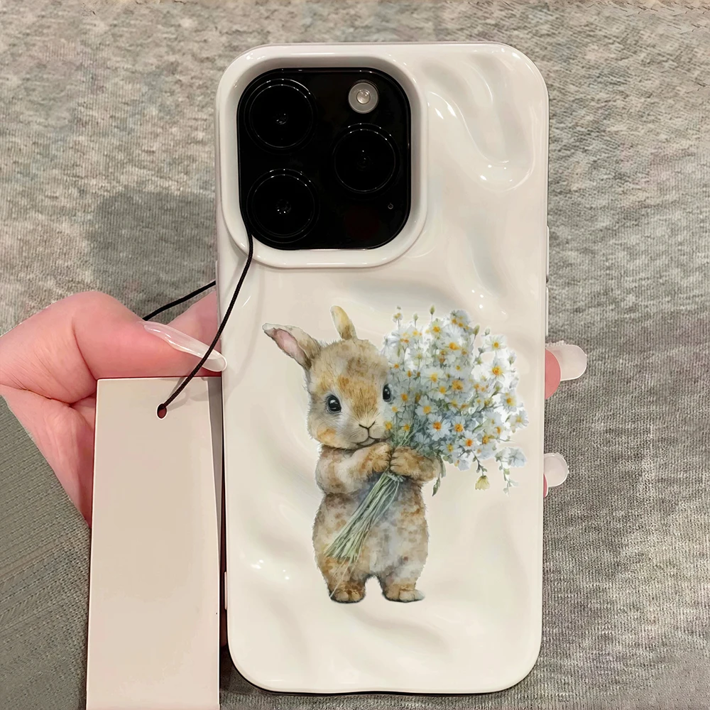 Niedliches Kaninchen mit Blumen Handyhülle für iPhone 17 16 15 14 13 12 11 Pro Max 14 Plus 17Air Falten-Wellen Weiche Silikonhülle – Detail 12