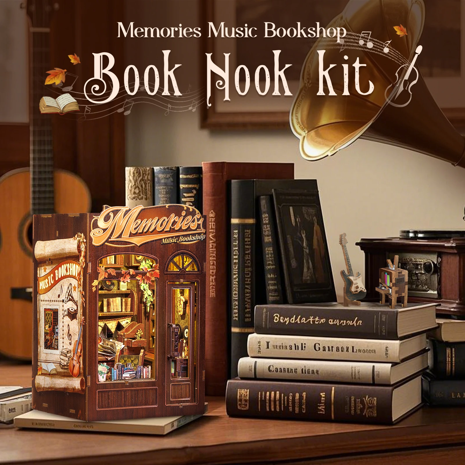 

CUTEBEE DIY Book Nook Kit 3D Wooden Dollhouse with LED Light, Cozy Bookshelf Insert Decor Gift Memory Music Bookshop