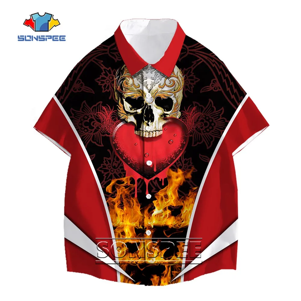 SONSPEE Hell Demon Monster Skull 3D Print Shirt 2022 Fashion Street Personality Unisex Hawaiian Shirt Casual Sports Short Sleeve