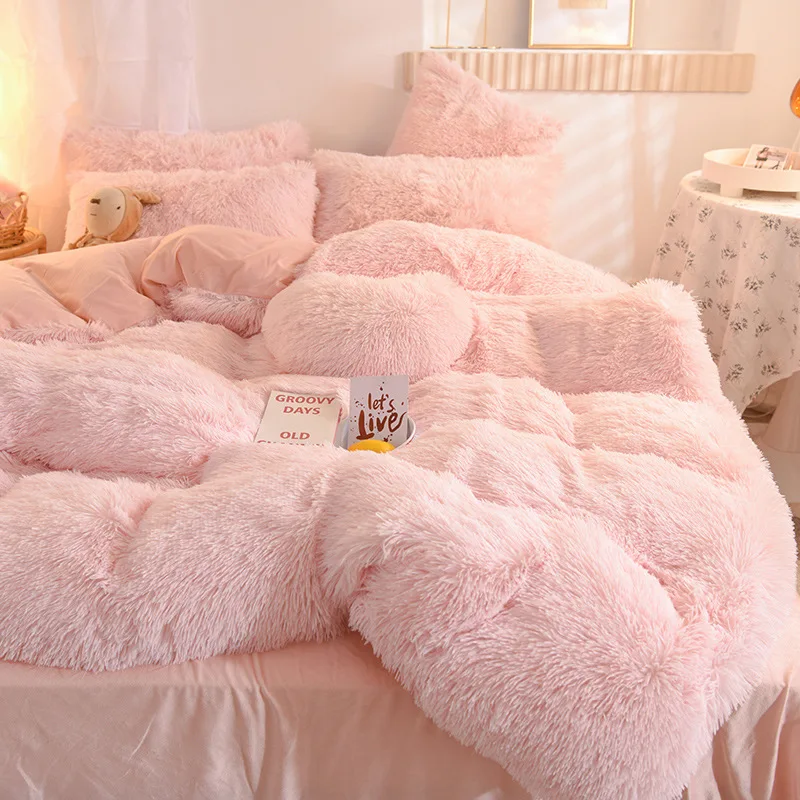 Luxury Plush Warm Fleece Girl Bedding Set Solid Color Thick Duvet Cover Pillowcase And Sheet For Home Double Duvet Cover Set