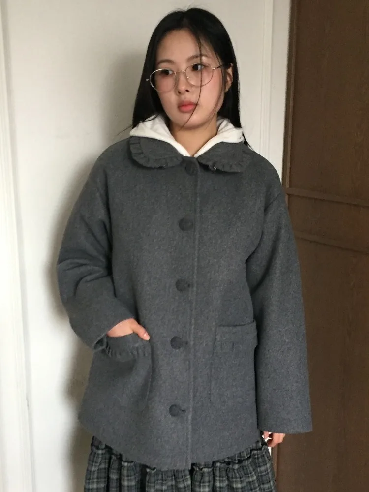 

Корейское хлопковое шерстяное пальто Ele для женщин с кукольным воротником, осень-зима, винтажный топ небольшого размера Faion