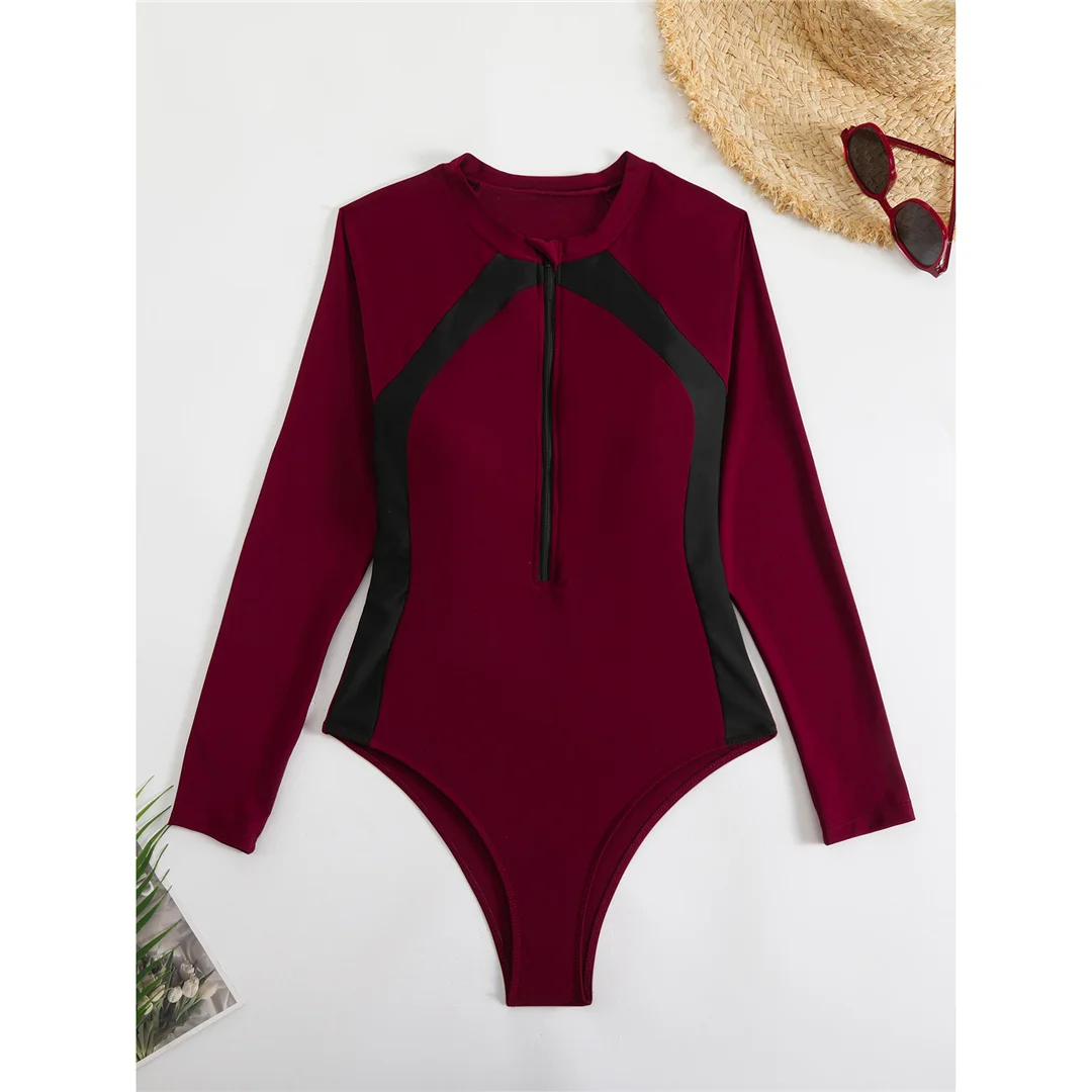 Sexy, hoch geschnittener, bedruckter, langärmliger, mit Reißverschluss versehener Surf-Rashguard, einteiliger Badeanzug, Damen-Badebekleidung, Damen-Badeanzug, Badeanzug, Modell V6285. – Detail 5