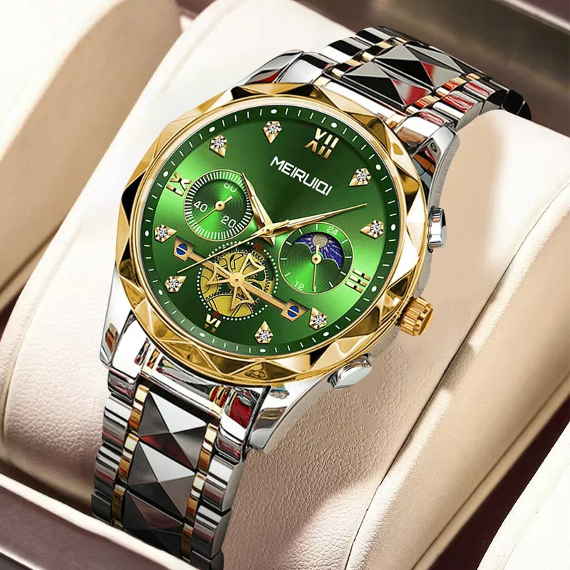 

Мужские часы в золотисто-зеленом цвете, в стиле вечеринки, элегантные, с фазами луны, тремя циферблатами и кварцевым механизмом.