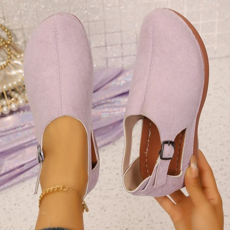 Women's Casual Shoes Round Toe Low Heel Suede-Look Upper Side Cutouts Buckle Strap Fastening Holiday Walking Outdoor Footwear
