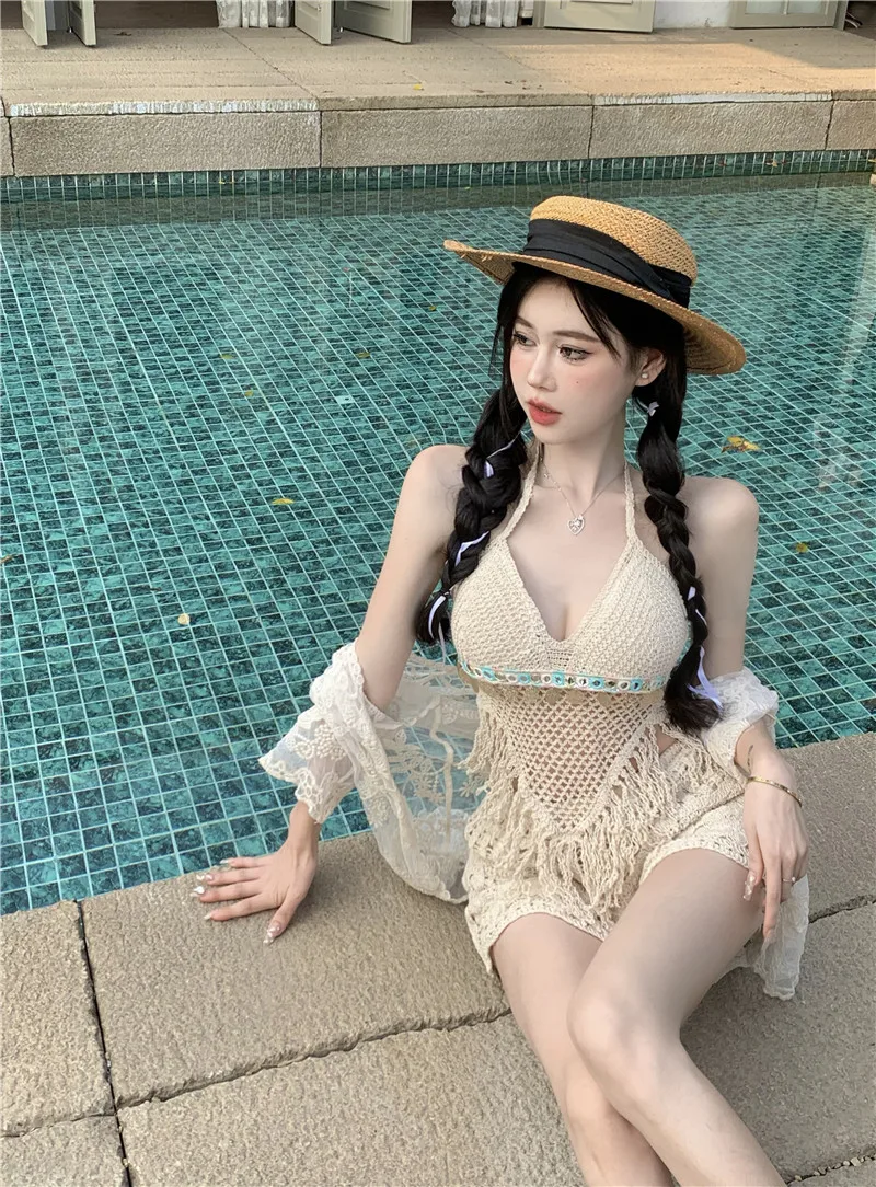 

Vaion Sle Women's Swimsuit Set Lace Embroidery Sun Protection Hollow out ort Sve Tassel Ne Top Tee Piece Set