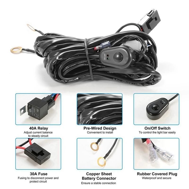 6X Wiring Harness Kit For 1 Light Fuse On-Off Switch 12V 40A Relay 180 W/ 300W For 4-52 Inch LED Work Light Bar