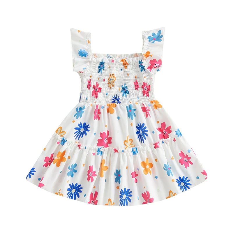 Kids Girl Summer Dress Sleeveless Square Neck Floral Print Smocked A-Line Dress Toddler Casual Dress