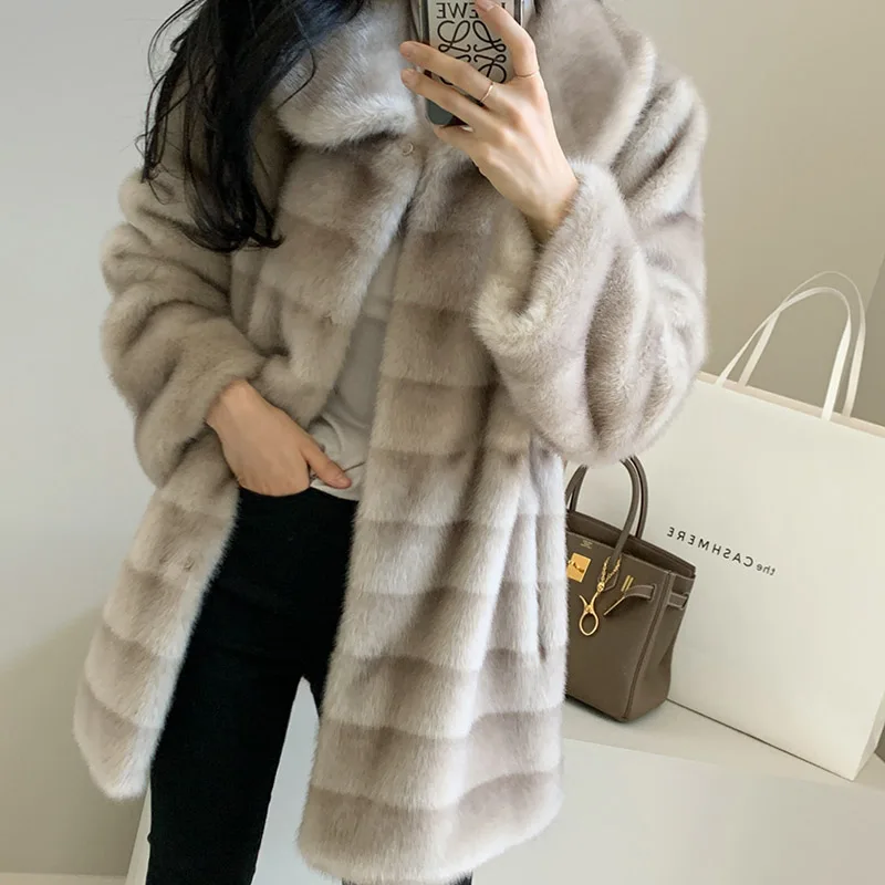 Long Jacket Women Winter 2024 Femme Veste Faux Fur Coat Gradient Mink Turn-down Collar Stripe Clothes Warm Soft Furry Overcoat