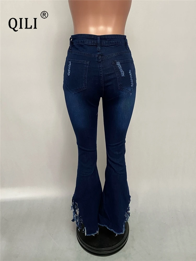 QILI- Ripped Tassle Jeans for Women, High Waisted Denim Pants, Skinny Flare Pants, Sexy Blue Bottoms, Summer Fashion, 2023