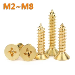 Cabeza de fregadero dorada Phillips, tornillos autorroscantes planos, rosca métrica, latón dorado, tablero de madera, tablero de fibra, aglomerado, muebles