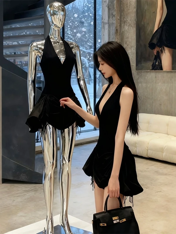 

Sexy V-ne Bla Strapl Dr Women's Autumn Winter Design Slim Fit Puffy ort Skirt No Brand Registered Trademark