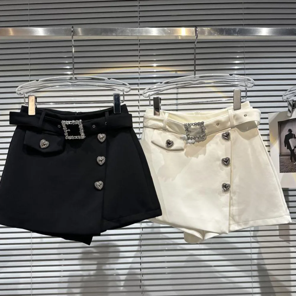 Spring Autumn 2023 Designer Women's Office Ladies Shorts Skirt Lady Metal Buckle Asymmetrical Belt Elegant Pant Skirt Streetwear