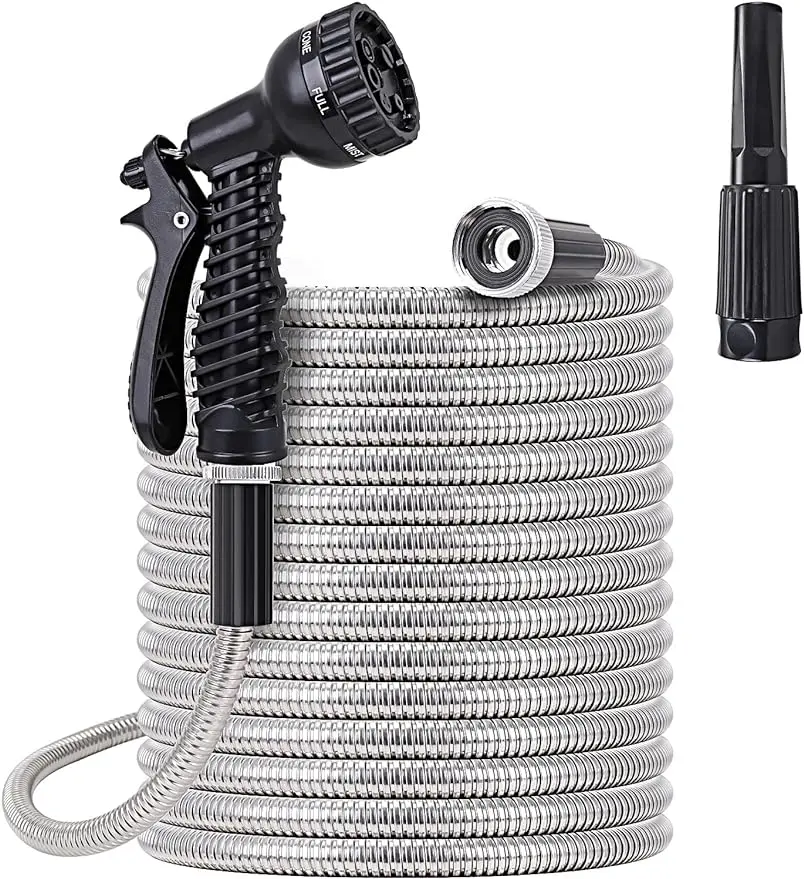 

Stainless Steel Garden Hose 75 ft - Metal Water Hose with 2 Nozzles Lightweight Tangle Free & Kink Free Heavy Duty