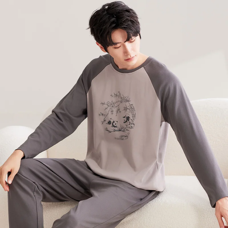 Brown Panda Men Pajamas Sets Cute Casual Long Sleeves Long Pants Autumn Winter Sleepwear Boys Pyjamas Cozy Pijamas Soft Male Pjs