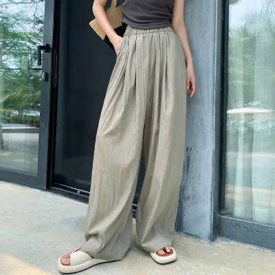 

Korean Pleated Loose Wide Leg Slippery Pants Women 2023 Summer Ice Silk Lazy Textured Casual Sweatpants Y2k Pants Sage Green