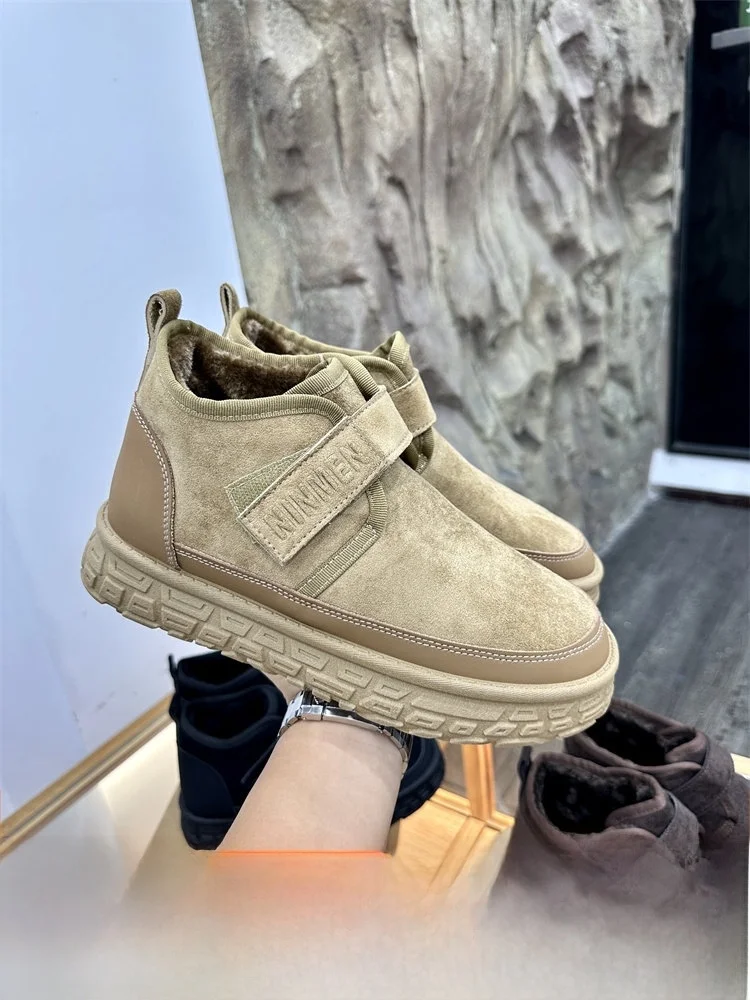 Winter Men's Snow Boots 3D Embossed Magic Tape Integrated Fleece Fashionable Casual Short Tube Boot Warm round Toe mid Heel