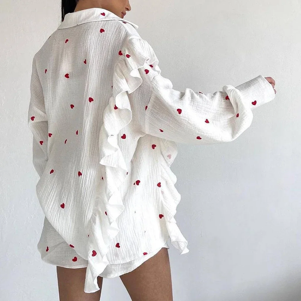 Casual Home Suits Fashion Shirt And Short Set Long Sleeve Shirt Love Heart Pattern Slight Stretch For Lounging