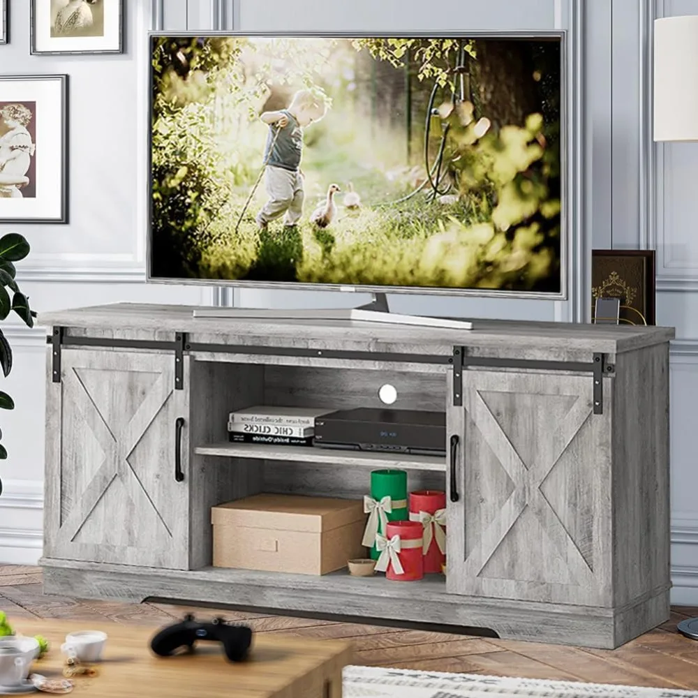 65 Inch Entertainment Center  Media Console Cabinet, Grey  Stand with Storage, Barn Doors and Shelves, Tall Modern TV