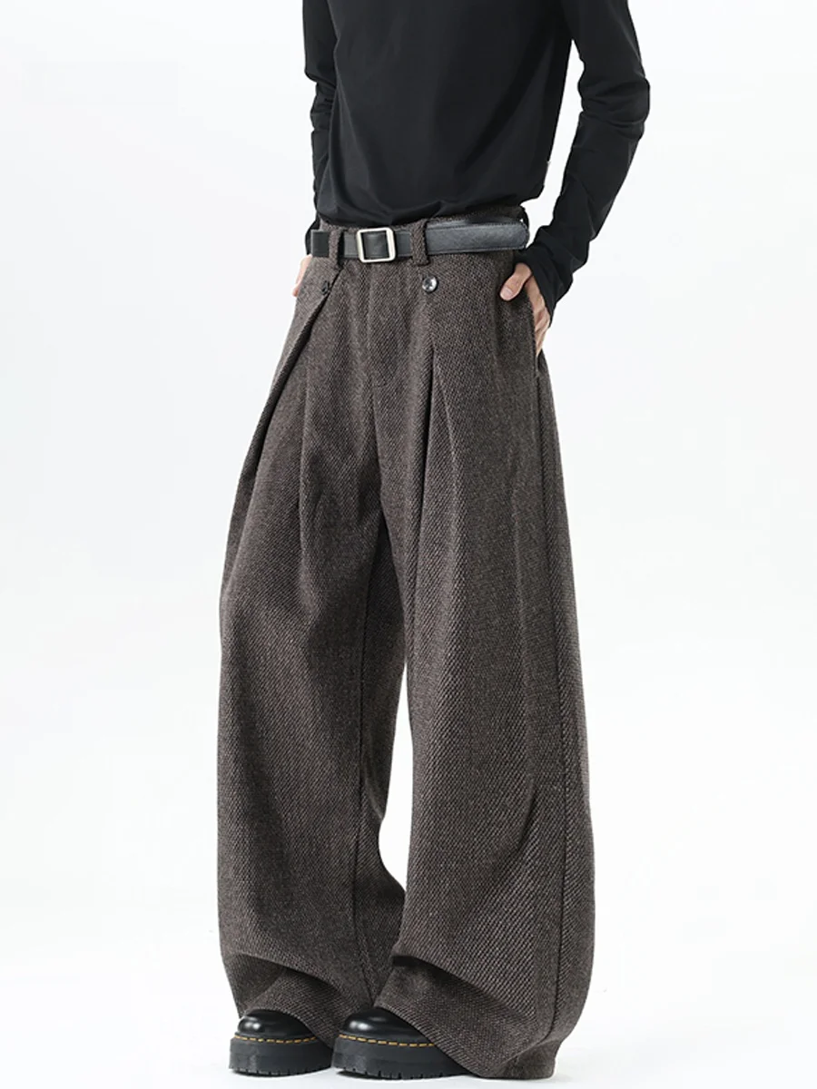 

Thiened Woolen Men's Autumn Winter Straight Leg Wide Leg Pants Casual Trousers Vintage Loose Fit Drapey High-End Feel