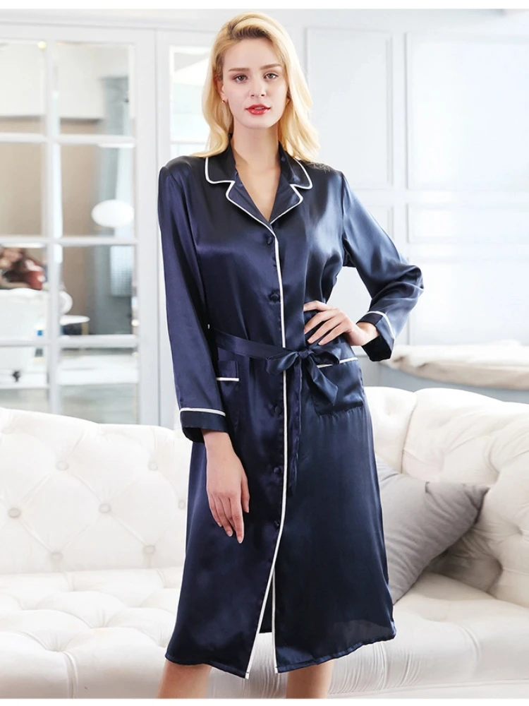

100% Mulberry Silk Belted Cardigan Nightdress Long Sleeves Chemise Sleepwear Midi Dress Button Down Pajamas Shirt Nightgown PJS