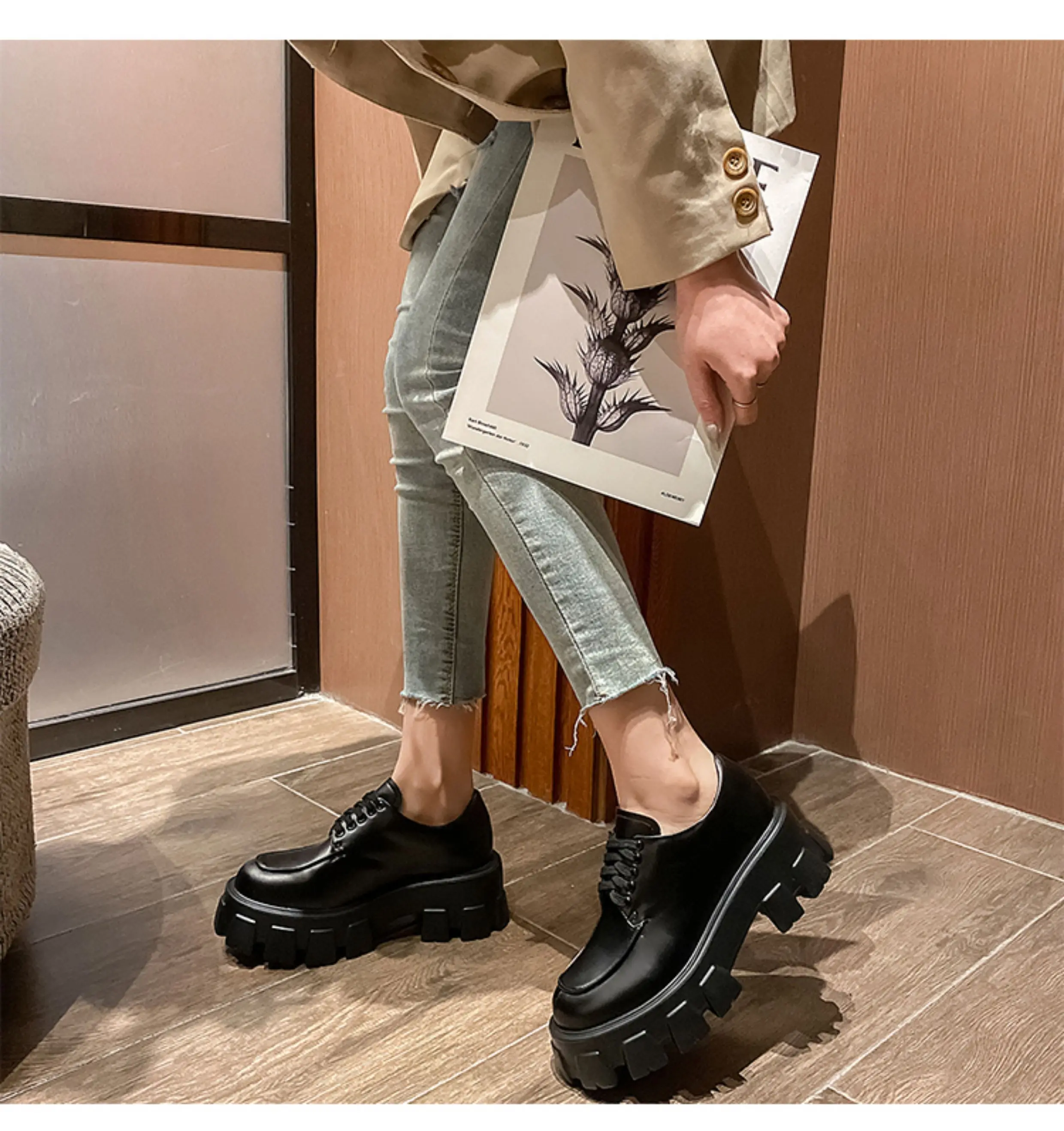 8-14cm Women Platform Shoes Height Increasing Loafers Super Quality Real leather Elevator Shoes Ladies Chunky Loafers Black