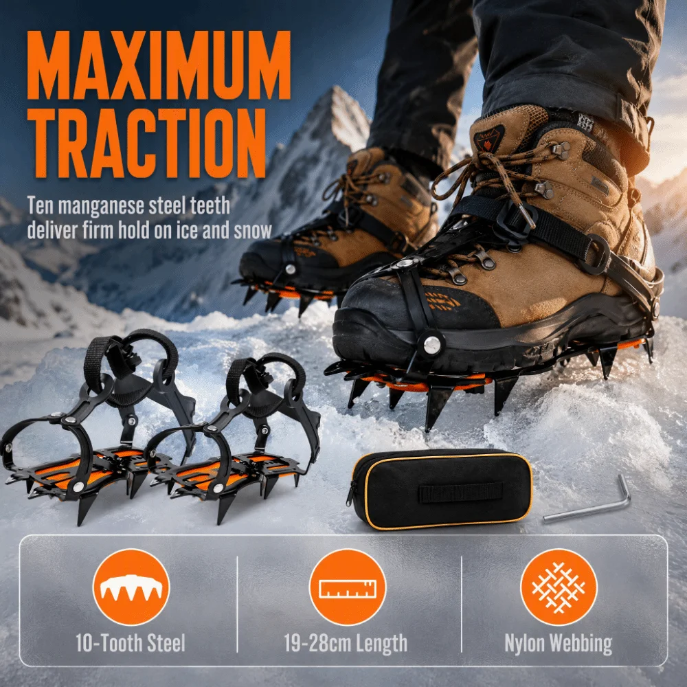 6pcs ABS Plastic Ice Crampon 10-Tooth Manganese Steel Traction Cleat Stainless Steel Rivet Nylon Webbing Snow Crampon