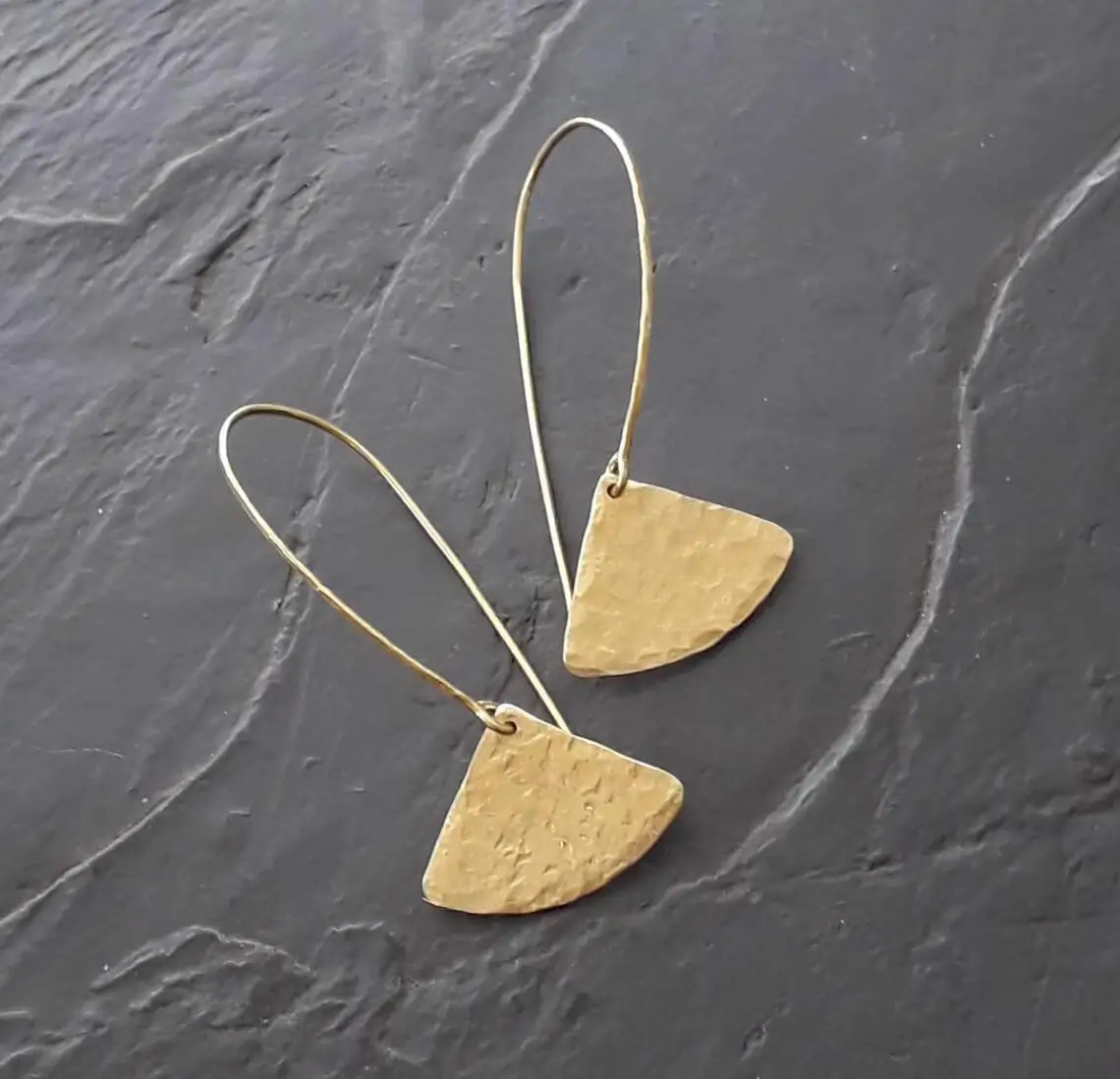 Beaten brass earrings,triangle  geometric earrings, boho earrings,  golden drop earrings