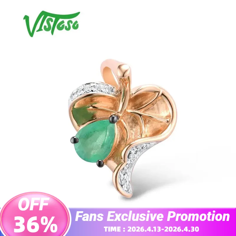 

VISTOSO Gold Pendants For Women Pure 14K 585 Rose Gold Heart Natural Emerald Sparkling Diamond Wedding Fine Jewelry