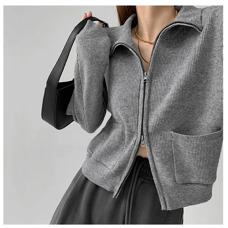 Women\'s Korean Knitting Sweater Zipper Cardigan Long Sleeve Casual Vintage Fashion Lazy Baggy Outerwear Tops Autumn Grey Sweater