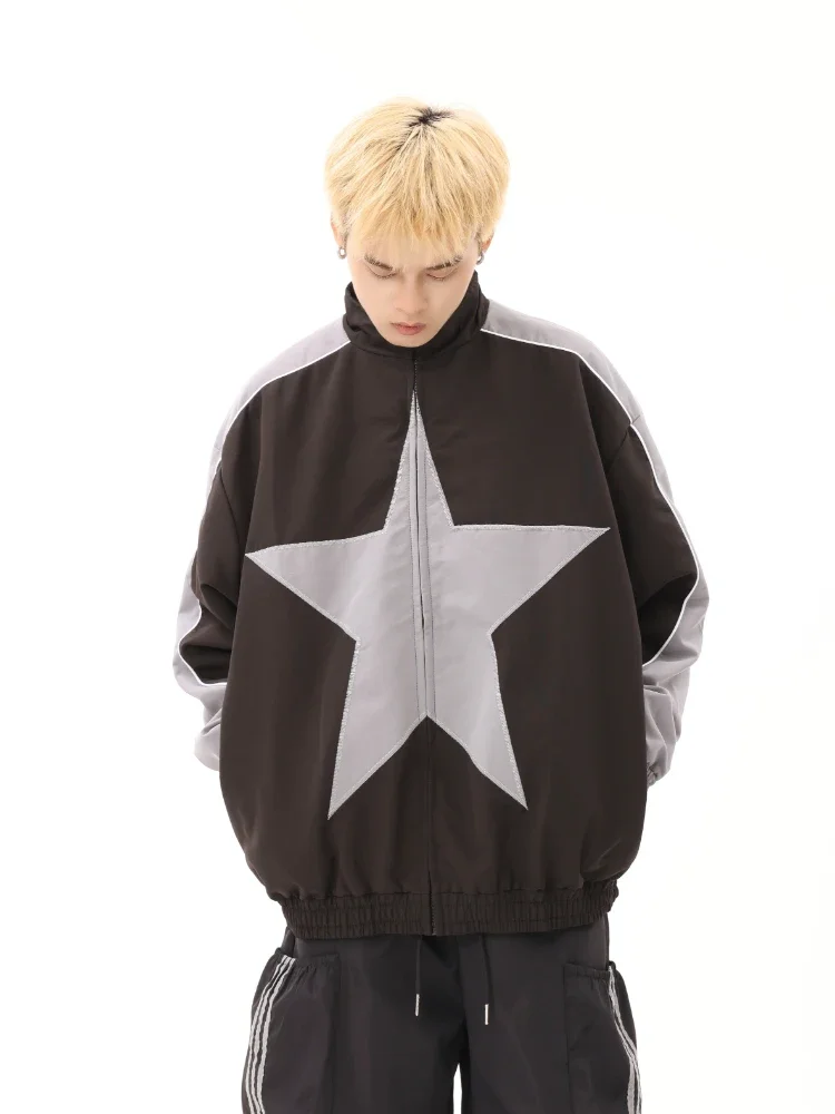 Jackets Men Baggy Geometric High Street Bomber Classic Stylish Versatile Students American Chic Zip Up Coats Aesthetic