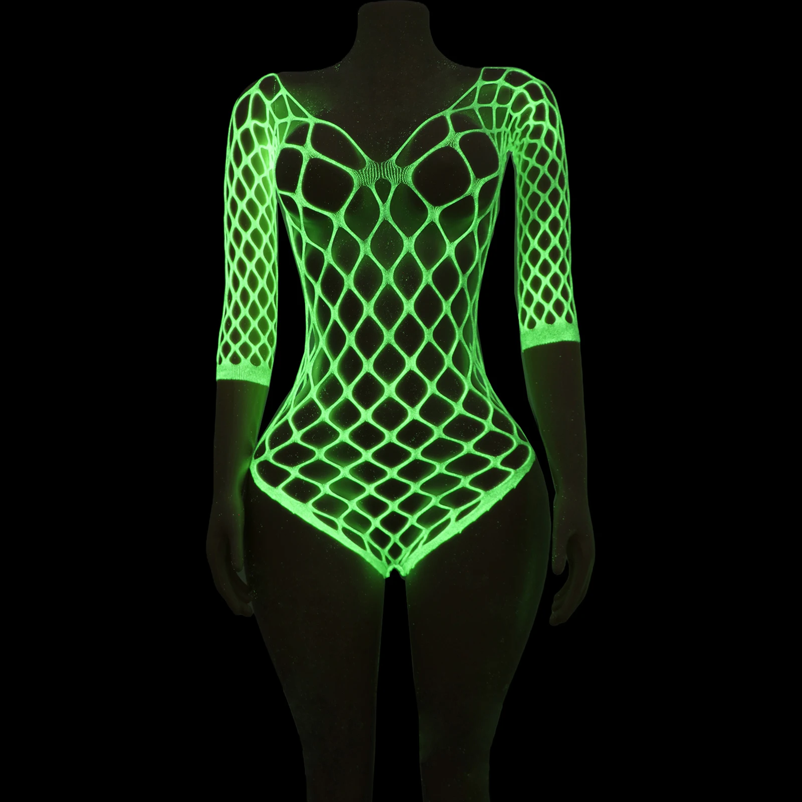 Body de rede fluorescente luminosa com mangas perfeito para apresentações de bar e boate, roupa de dança sexy e ousada