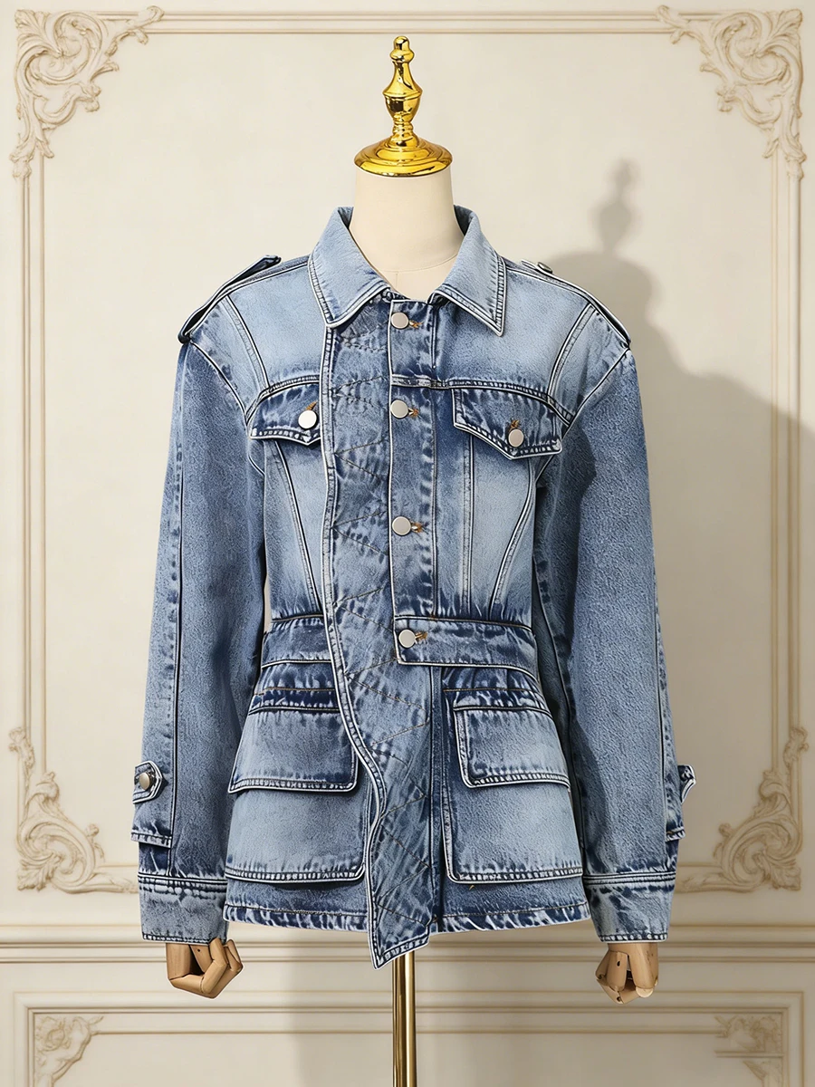 VGH Casual Ruffle Solid Denim Jackets For Women Lapel Long Sleeve Spliced Button Spring Temperament Jacket Female Fashion New