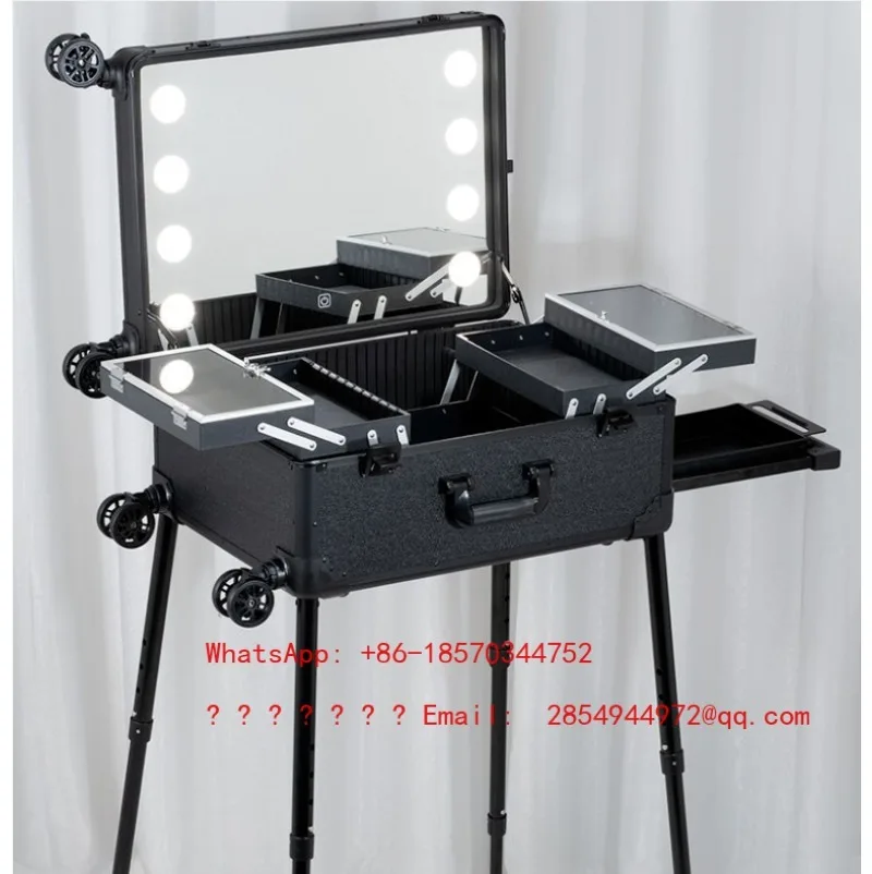 Aluminum Magnesium Makeup Case with LED Light Mirror Hidden Stand Universal Wheel Artist Cosmetic Storage Trolley
