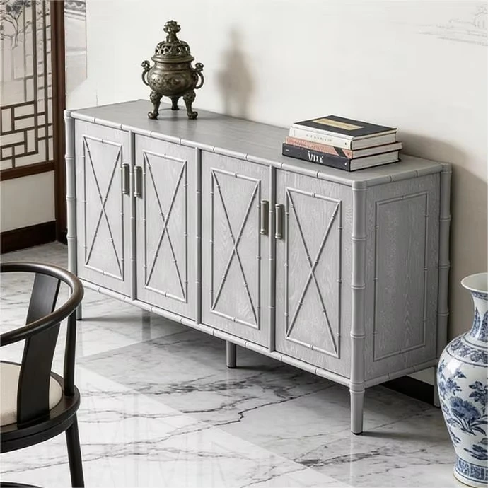 eo-Modern Sideboard MDF Body 4 Door Design Bamboo Texture Surface X-Cross Decoration for Home Interior Furniture Setup Aparador^