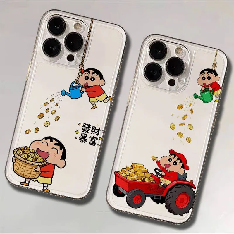 Funda de Teléfono con Diseño de Anime Crayon Shin-chan y Tractor para iPhone 11 12 13 14 15 16 17 Pro Max Plus Air, con Monedas de Oro, Funda Antigolpes Shin-chan