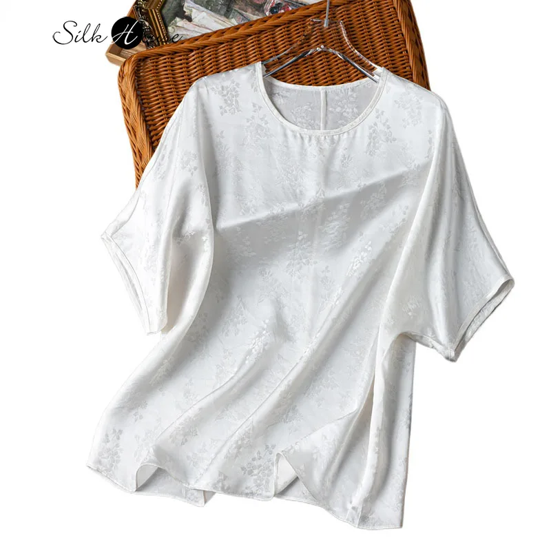 

2025 Women's Summer New White 100% Natural Mulberry Silk Jacquard Satin Round Neck Loose Batwing Sleeve T-shirt