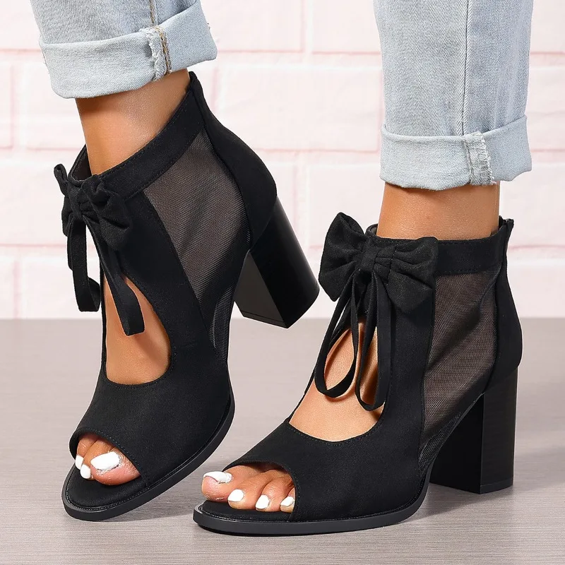 Sandals Women Peep Toe Bowknot Chunky Heeled Sandals Summer Ladies Elegant Butterfly Knot Sandals Back Zipper Fish Mouth Shoes