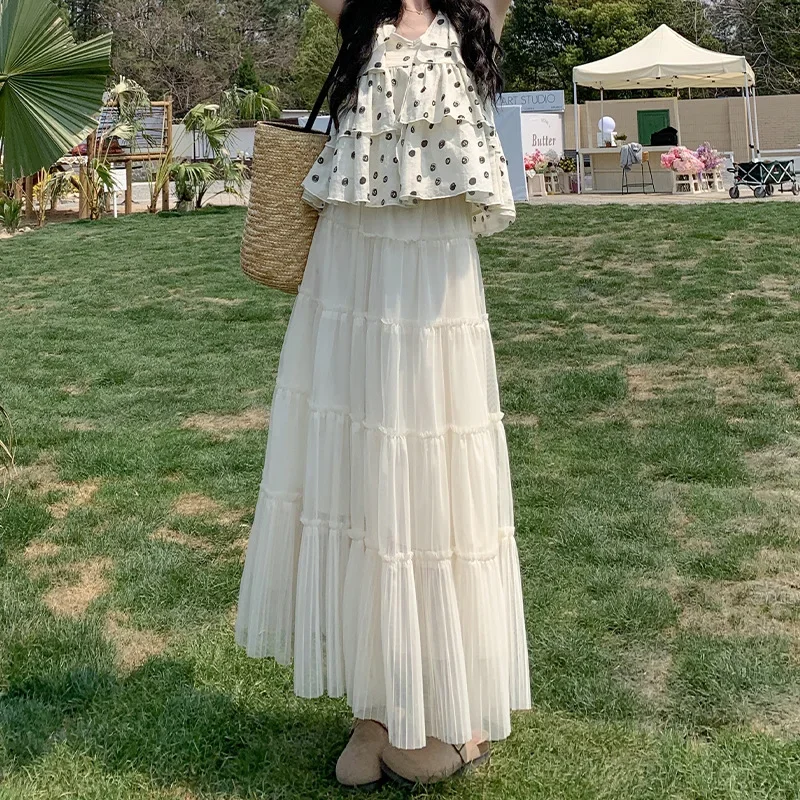 

Летняя элегантная женская юбка-тортик в корейском стиле, модные сетчатые белые плиссированные юбки с высокой талией, повседневные женские длинные юбки