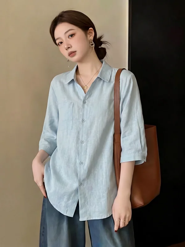 

Light Blue V-Neck Short Sleeve Shirt Women's Fashion Summer New Style Big Size Sweet And Salty Top Thin Shoulder Korean Version
