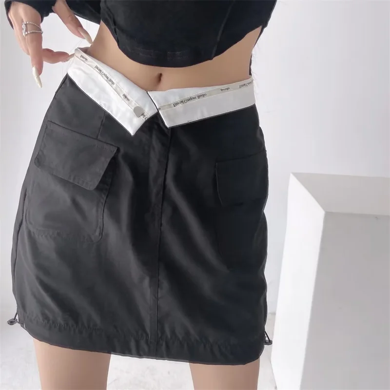 American Retro Two-Way Wearable Detachable A-Line  Skirt High Waist Street Sle Pure Color Versatile for ort Women