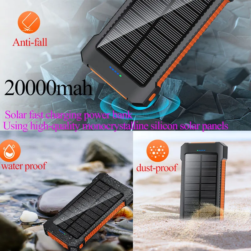 

New 20000mAh Large Capacity Solar Power Bank Portable with Lanyard Compass External Battery Outdoo Chargin Power Bank for Xiaomi