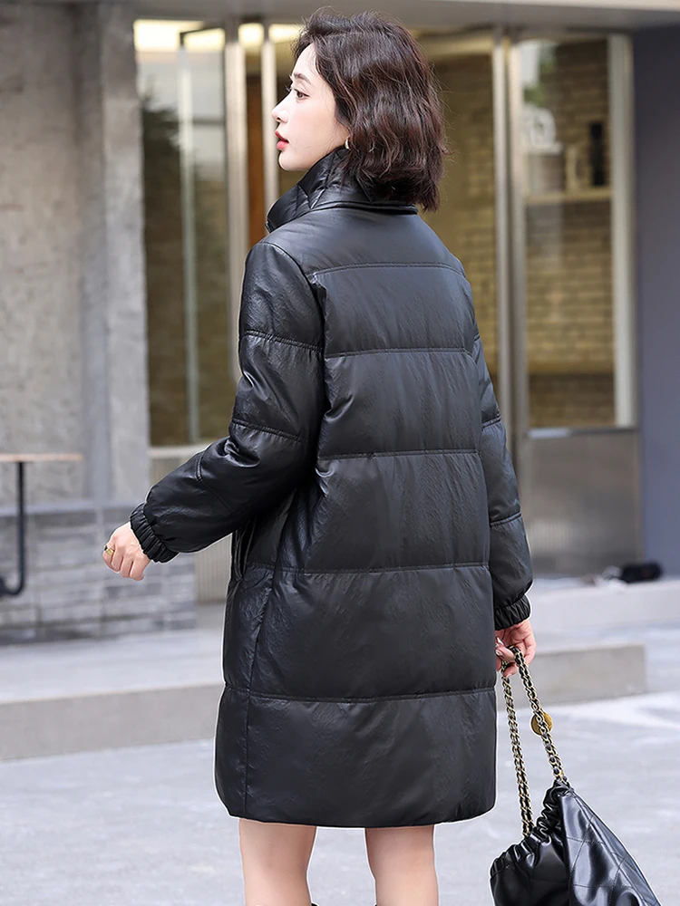   Giacca in Vera Pelle con Imbottitura in Piuma d'Oca per Donna, Lunghezza Media, Nuovo Modello Invernale in Pelle di Pecora Bianca