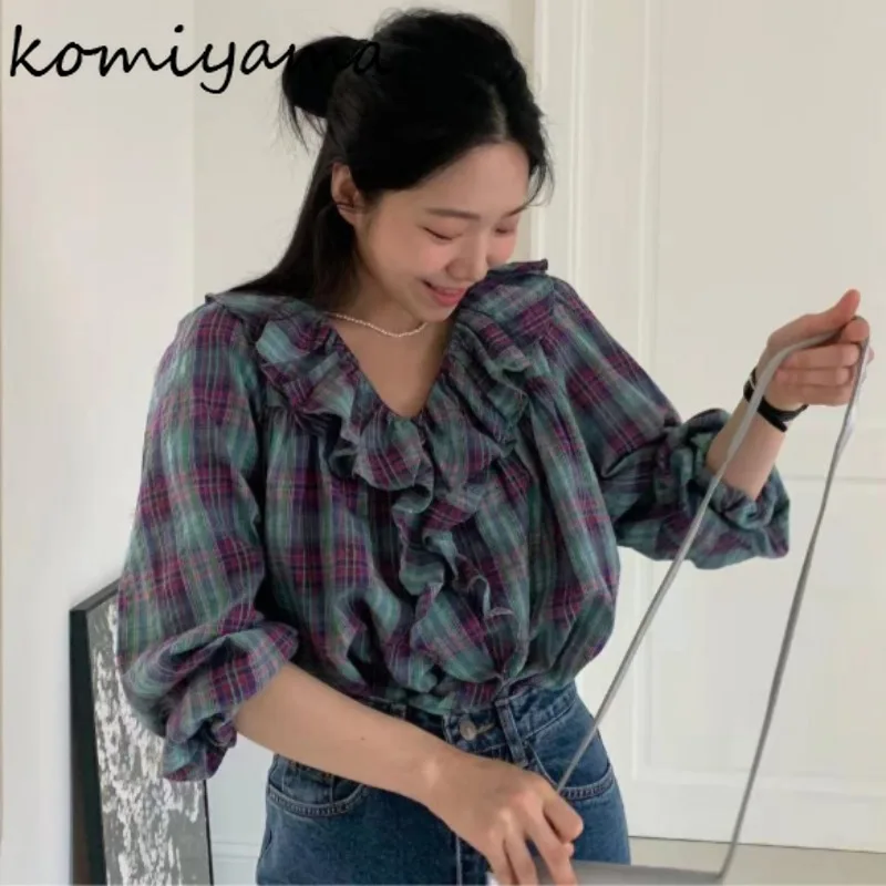 V-neck Ruffles Shirts & Blouses Long Sleeve Women 2024 Blusas Plaid Ropa Mujer Sping Autumn New Camisas Elegant Chic Blusa