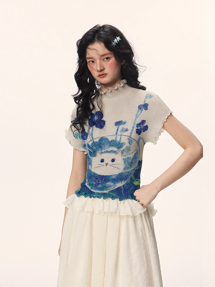 

Sevening Cute Fi Tank Cartoon Print ort Sve Top with Pleated Texture Women's Summer T-irt Commute Sle Regular Length