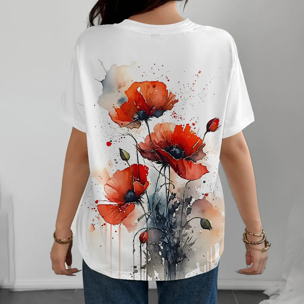 T-shirt da donna con stampa 3D per ragazze, strada, acquerello, fiore rosso, arte, tempo libero, moda, ampia e confortevole, manica corta estiva Y2K