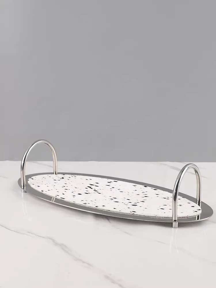 

Light luxury Style Advanced Creativity Horse Hair Leather Metal Tray Living Room Tea Table Decoration Storage Tray Ornaments
