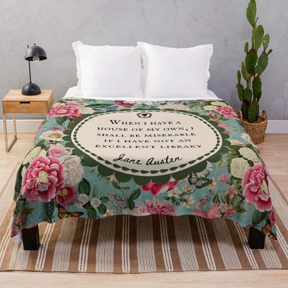 Jane Austen Library Quote, Literary, Bookish, Book Lover, Vintage Floral Flowers Throw Blanket Beach Shaggy Blankets