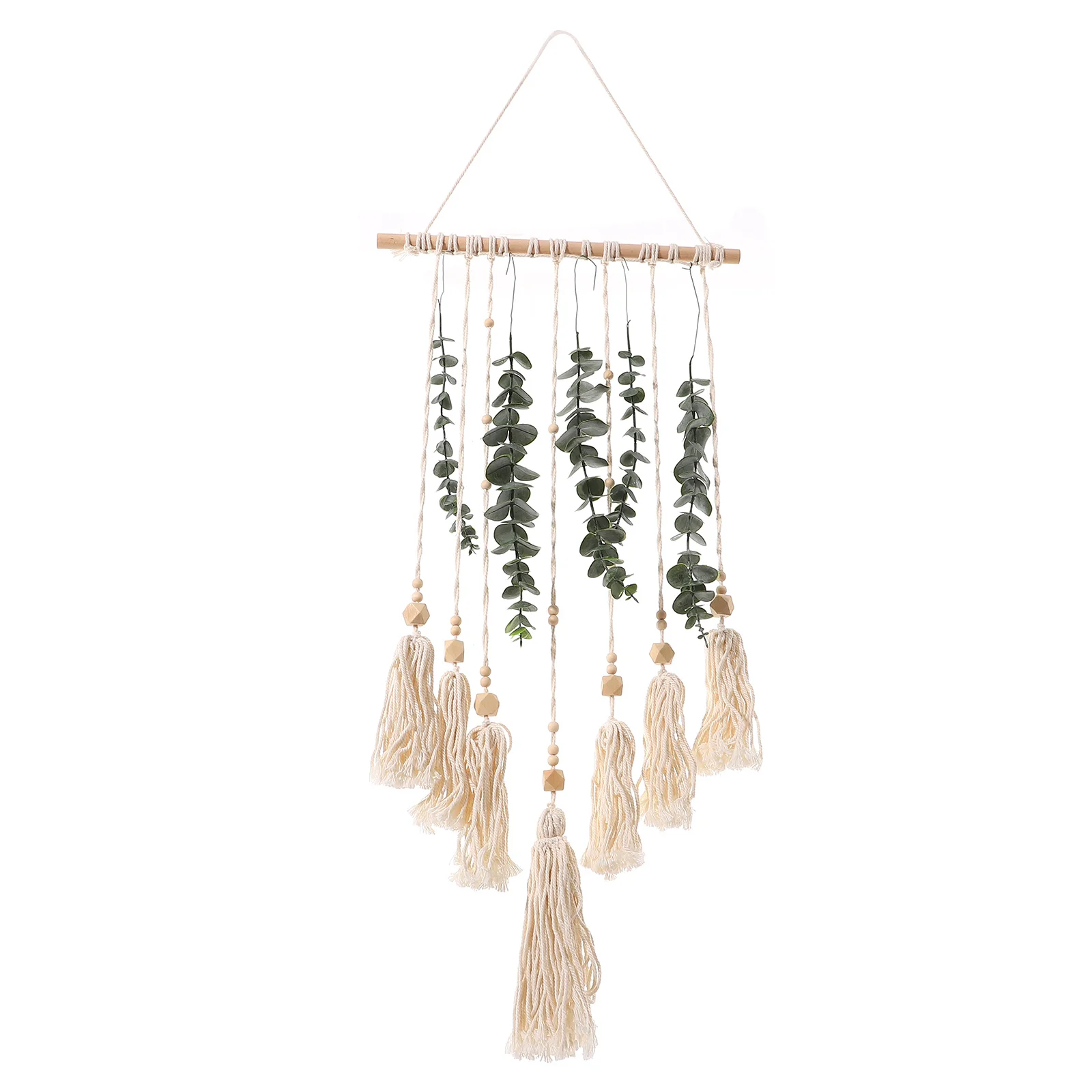 

1Set Cotton Thread Woven Wall Hanging Wooden Bead Tassel Artificial Leaves Macrame Plant Pendant For Bedroom Living Room Party